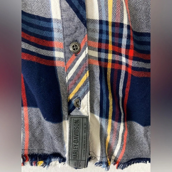 Harley Davidson black red white plaid raw hem button Shirt Sz L - Picture 6 of 11